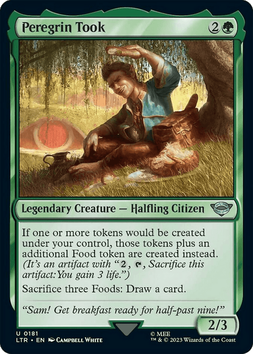 A Peregrin Took [The Lord of the Rings: Tales of Middle-Earth] card from the Magic: The Gathering game, featuring a halfling under a tree with food, holding a fruit. This Legendary Creature allows token creation to also generate Food tokens. Unique abilities include life gain and card drawing via token sacrifice. Text reads, "'Sam! Get breakfast ready for half-past nine!'".