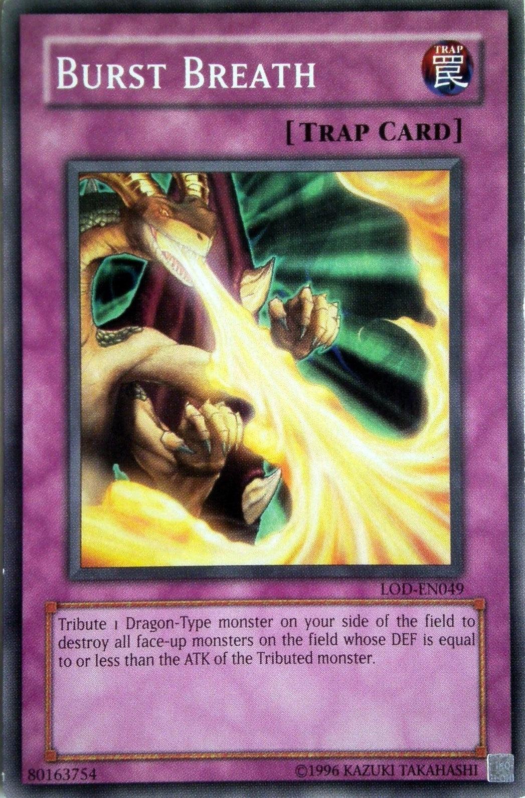 Yu-Gi-Oh! Burst Breath [LOD-EN049] Common, a Legacy of Darkness Normal Trap Card, sports a purple border and striking artwork of a dragon exhaling fiery breath. The card text reads, 