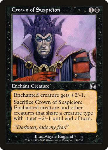 A Magic: The Gathering card titled "Crown of Suspicion [Onslaught]" shows a character with purple skin and elaborate purple headwear. This black Enchantment Aura spell costs 1B. The enchanted creature gets +2/-1, and sacrificing it gives creatures of the same type +2/-1 until the end of turn.