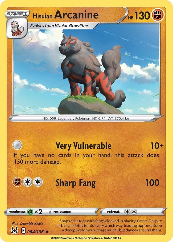 A Hisuian Arcanine (084/196) [Sword & Shield: Lost Origin] Pokémon card with 130 HP from the Sword & Shield: Lost Origin set. The Holo Rare card depicts a red and brown canine-like creature standing on a rock. It has two attacks, 