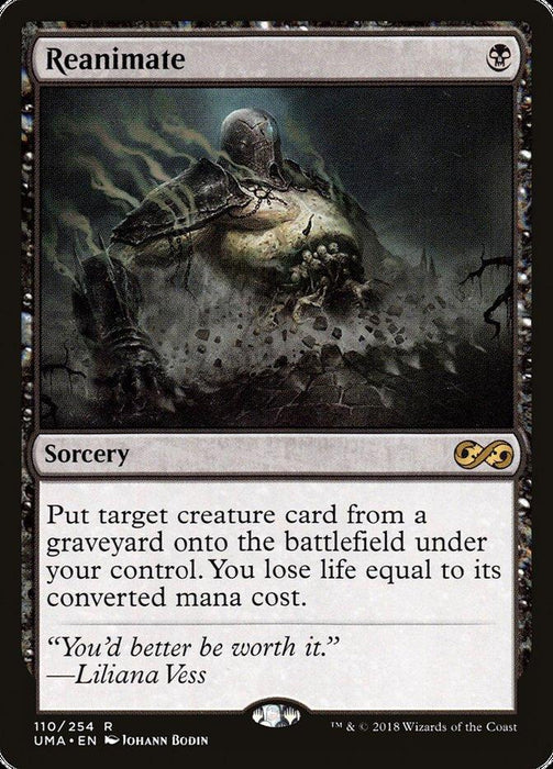 A "Reanimate [Ultimate Masters]" Magic: The Gathering card from the Ultimate Masters set. This rare black sorcery features a spectral figure rising from a graveyard in artwork by Johann Bodin. It allows players to put a creature card from a graveyard onto the battlefield, losing life equal to its mana cost.