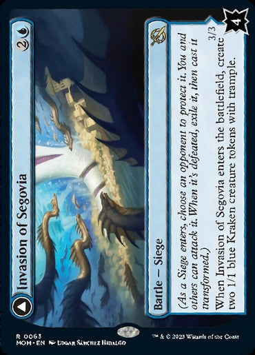 The image is of a Magic: The Gathering card titled "Invasion of Segovia // Caetus, Sea Tyrant of Segovia [March of the Machine]." The card costs two generic mana and one blue mana to cast. Featuring artwork by Edgar Sánchez Hidalgo, it depicts large tentacles rising from a crashing sea and creates two 1/1 blue Kraken creature tokens with trample when it enters the battlefield.