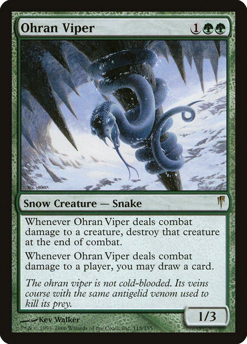 A Magic: The Gathering card named "Ohran Viper [Coldsnap]" features a blue, serpent-like creature with a menacing expression, coiled around an icy tree branch. This rare Snow Creature card has green and blue tones, illustrated by Kev Walker. Text describes its abilities and flavor, with power/toughness 1/3.