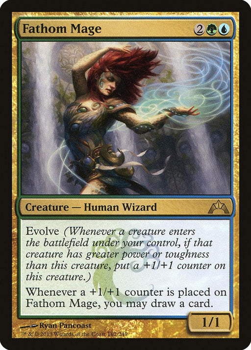 Magic: The Gathering card Fathom Mage [Gatecrash] depicts a mystical female wizard surrounded by swirling, glowing energy with red hair flowing around her. This Creature Human Wizard costs two green and blue mana, has 1 power and 1 toughness, and features "Evolve" and drawing a card when it gets a +1/+1 counter.