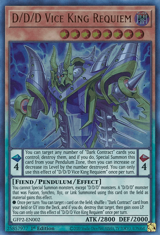 A Yu-Gi-Oh! trading card titled "D/D/D Vice King Requiem [GFP2-EN002] Ultra Rare," an Ultra Rare Fiend/Pendulum/Effect monster with 2800 ATK and 2000 DEF. Featuring a dark, armored figure with green and purple accents, it has effects targeting "Dark Contract" cards. This card is part of the "Ghosts From the Past: The