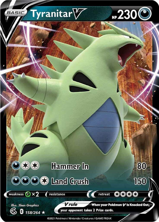 A Tyranitar V (158/264) [Sword & Shield: Fusion Strike] from Pokémon, boasting 230 HP. Tyranitar, a green dinosaur-like creature, roars amid an explosion. Its Ultra Rare card features "Hammer In" with 80 power and "Land Crush" with 150 power. Weakness: x2 to Fighting. Card number: 158/264, illustrated by 5ban Graphics.