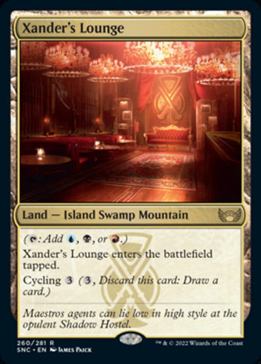 A Magic: The Gathering card from Streets of New Capenna, "Xander's Lounge [Streets of New Capenna]" is a Land — Island Swamp Mountain. It features opulent, dimly-lit interior art with chandeliers, velvet drapes, and ornate furniture. It has a cycling cost of 3.