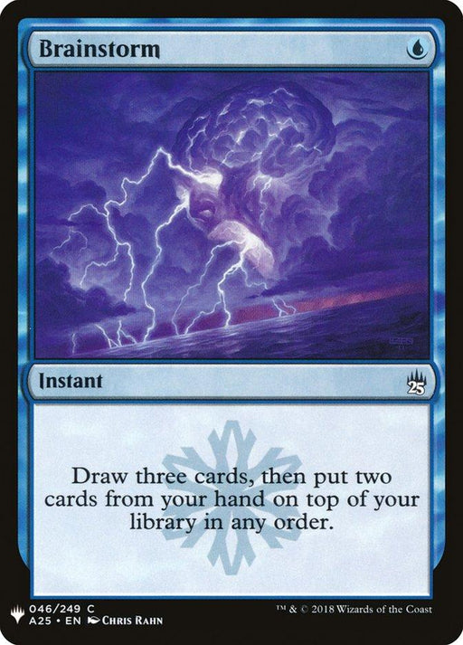 A Magic: The Gathering card titled "Brainstorm [Mystery Booster]," part of the Magic: The Gathering series. This Instant shows a vivid illustration of a stormy sky with a brain-shaped cloud releasing bolts of lightning over a choppy sea. It has blue borders and displays text: "Draw three cards, then put two cards from your hand on top of your library in any order.