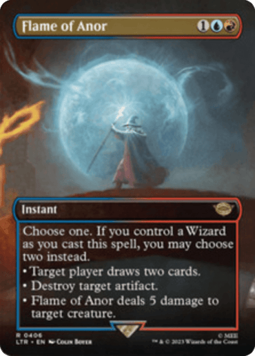 A Magic: The Gathering card titled "Flame of Anor (Borderless Alternate Art) [The Lord of the Rings: Tales of Middle-Earth]". It shows a wizard casting a spell with a glowing blue orb. The card costs one blue and one red mana to cast and offers three abilities: drawing two cards, destroying an artifact, or dealing 5 damage to a creature. Artists' credits are given.