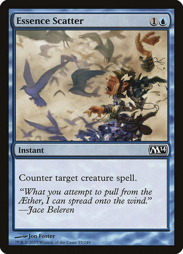 The product "Essence Scatter [Magic 2014]" from Magic: The Gathering is a blue spell card that costs one colorless and one blue mana. It effectively counters a creature spell and features artwork of a robed figure disintegrating into ethereal particles surrounded by swirling shadows and blue energy.