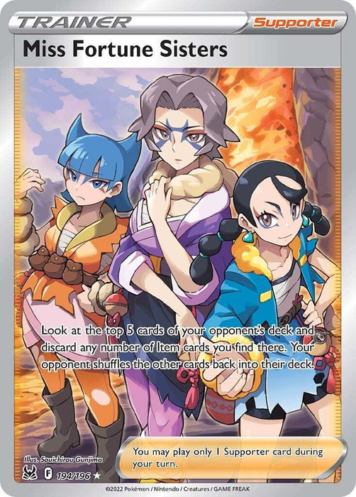 A Pokémon card titled "Miss Fortune Sisters (194/196) [Sword & Shield: Lost Origin]" from the Pokémon brand depicts three female trainers. From left to right, a blue-haired girl in a kimono, a confident woman with short, red hair and fur, and an amused girl with long black hair in a bow. This Ultra Rare card belongs to the Supporter category and includes text instructions for use.
