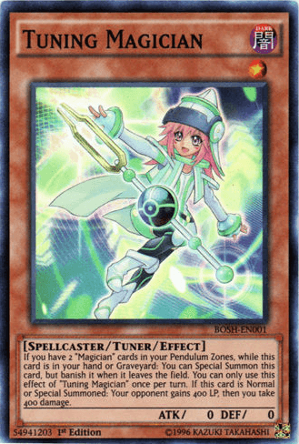 An image of the Tuning Magician [BOSH-EN001] Super Rare Yu-Gi-Oh! trading card. It features a light-skinned female spellcaster with pink hair, wearing a white hat and outfit. She holds a tuning fork and stands ready for action. This Tuner/Effect Monster has 0 ATK, 0 DEF, and includes specific summoning rules at the bottom.