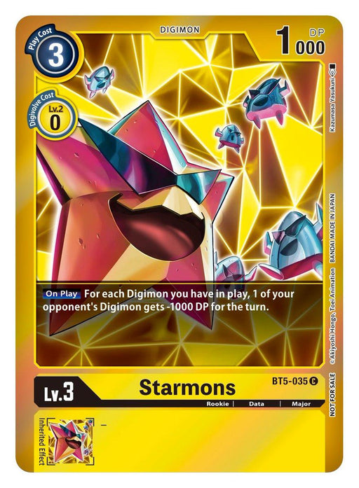 A card called "Starmons [BT5-035] (Event Pack 2)" from the Digimon Battle of Omni series features a colorful, star-shaped creature. This yellow-bordered Rookie Level 3 card costs 3 to play and has 1000 DP. It decreases an opponent's Digimon's DP by 1000 for each Digimon in play.