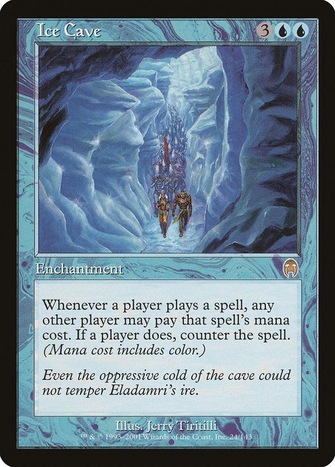 The Magic: The Gathering card "Ice Cave [Apocalypse]" features an illustration of an enchanting blue ice cave with ethereal figures casting spells. This rare card has text describing an enchantment that grants opponents the ability to pay a spell's mana cost to counter it. The flavor text alludes to Eladamri's ire, suggesting an imminent apocalypse.