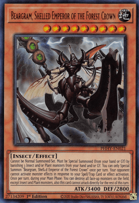 A Yu-Gi-Oh! Ultra Rare trading card named "Beargram, Shelled Emperor of the Forest Crown [PHHY-EN021]." The card features an insect-like creature with a dark exoskeleton, large pincers, and a crown-like structure on its head. From the Photon Hypernova series, it boasts ATK 3400, DEF 2800, and specific summoning conditions and effects.