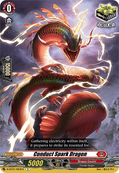 A vibrant trading card from Bushiroad, specifically Conductark Dragon (D-BT01/063EN) [Genesis of the Five Greats], features a serpentine dragon emanating electricity. With a coiled red and black-scaled body, it floats menacingly among dark clouds. The Dragon Empire card boasts stats including a 10000 shield, 5000 power, and a critical trigger of 1. The card text reads, "Gathering electricity within itself, it prepares to strike its resented.