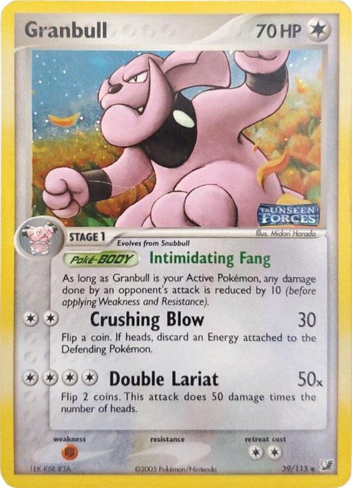 A Pokémon product named Granbull (39/115) (Stamped) [EX: Unseen Forces] depicts a pink, dog-like creature with fangs, standing in an aggressive stance. This Colorless type card has 70 HP, the abilities "Intimidating Fang," "Crushing Blow," and "Double Lariat." It evolves from Snubbull and is classified as Uncommon.