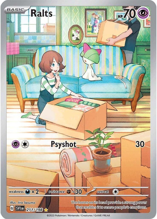 A Pokémon trading card featuring Ralts (211/198) [Scarlet & Violet: Base Set] from Pokémon. In a cozy room filled with moving boxes, a short brown-haired girl holds a cardboard box, looking at Ralts on a table among various boxes. The Secret Rare card details its 70 HP, Psyshot attack, and resistance and weakness stats.