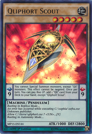 A Yu-Gi-Oh! card named "Qliphort Scout [MP15-EN144] Ultra Rare," featured in the 2015 Mega-Tins Mega Pack. This Ultra Rare, Machine/Pendulum type with an Earth attribute is a 9-scale Pendulum Monster boasting 1000 attack and 2800 defense. The illustration depicts a sleek, futuristic golden spaceship hovering against circuits and code.