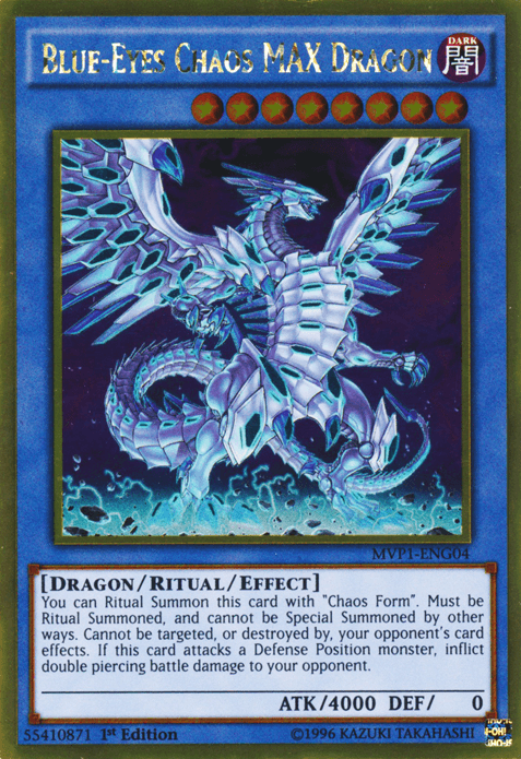 A "Yu-Gi-Oh!" trading card for "Blue-Eyes Chaos MAX Dragon [MVP1-ENG04] Gold Rare." This Gold Rare card features a large, blue, mechanized dragon with glowing blue eyes and intricate armor details. The Ritual Effect Monster is in a powerful stance. The text reads: "You can Ritual Summon this card with 'Chaos Form'..." ATK/4000, DEF/0.