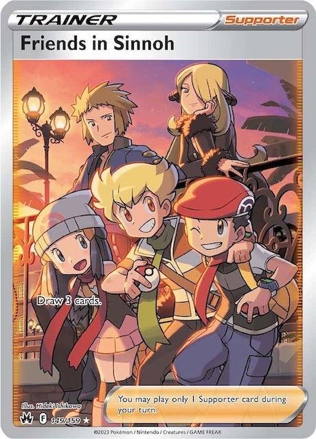 A Pokémon card titled "Friends in Sinnoh (149/159) (Full Art) [Sword & Shield: Crown Zenith]" from the Crown Zenith set shows four characters outdoors at dusk. Three characters in the back row are standing: a blond boy, a blond girl applying lipstick, and a brown-haired girl. In the front, a blond boy and a boy in a red cap are excitedly posing. Text: "Draw 3 cards.