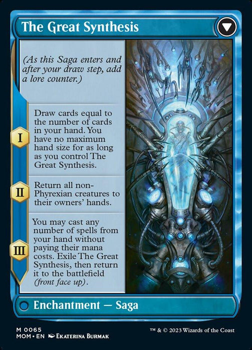 The image is of a Magic: The Gathering card titled "Jin-Gitaxias // The Great Synthesis [March of the Machine]," featuring the legendary Phyrexian Praetor, Jin-Gitaxias. Its three Saga chapters are: I - Draw cards, removing hand size limit; II - Return all non-Phyrexian creatures; III - Cast spells from your hand for free, then exile and return Jin-Gitaxias // The Great Synthesis [March of the Machine] as a