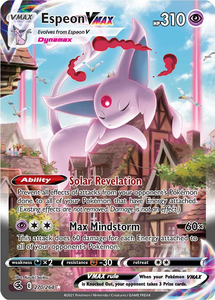 This Secret Rare Pokémon card features Espeon VMAX (270/264) from the Sword & Shield: Fusion Strike series. Set against a swirling pink and purple backdrop, Espeon floats majestically with glowing eyes and a radiant jewel on its forehead. The card text highlights Psychic abilities such as 