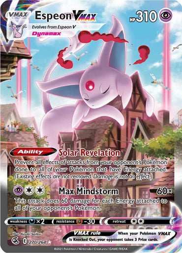 This Secret Rare Pokémon card features Espeon VMAX (270/264) from the Sword & Shield: Fusion Strike series. Set against a swirling pink and purple backdrop, Espeon floats majestically with glowing eyes and a radiant jewel on its forehead. The card text highlights Psychic abilities such as "Solar Revelation" and "Max Mindstorm.