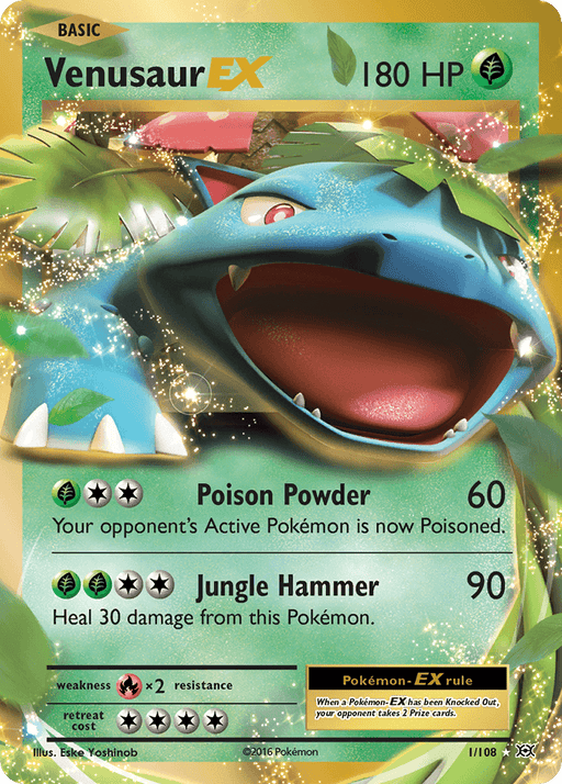 A Pokémon trading card featuring Venusaur EX (1/108) [XY: Evolutions] from the Pokémon series. The Grass-type Venusaur is depicted with an open mouth, surrounded by leaves. This Ultra Rare card has 180 HP and includes two attacks: Poison Powder (60 damage), which poisons the opponent, and Jungle Hammer (90 damage), which heals 30 damage from Venusaur. The card's border is gold.
