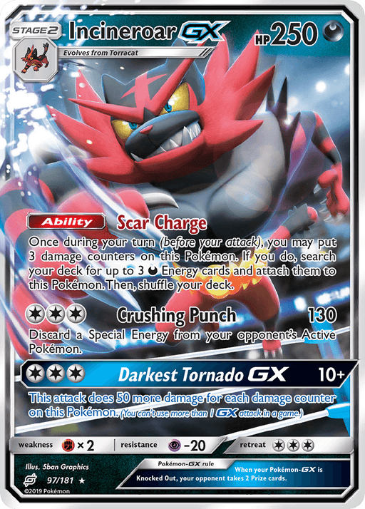 A Pokémon trading card for Incineroar GX (97/181) [Sun & Moon: Team Up] from the Pokémon series, boasts 250 HP and evolves from Torracat. Displaying a dynamic battle stance in red, black, and grey colors, this Ultra Rare card features key moves like Scar Charge, Crushing Punch (130 damage), and Darkest Tornado GX. Various stats and effects are listed.