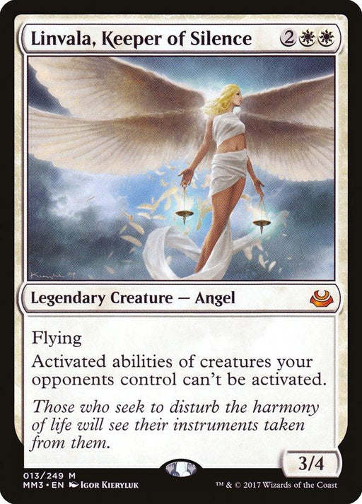 A Linvala, Keeper of Silence [Modern Masters 2017] from Magic: The Gathering. This mythic card features an angel with large wings, wearing white garments, and radiating light. It costs 2 colorless and 2 white mana, is a 3/4 legendary creature with flying, and prevents opponents' creatures from activating their abilities.