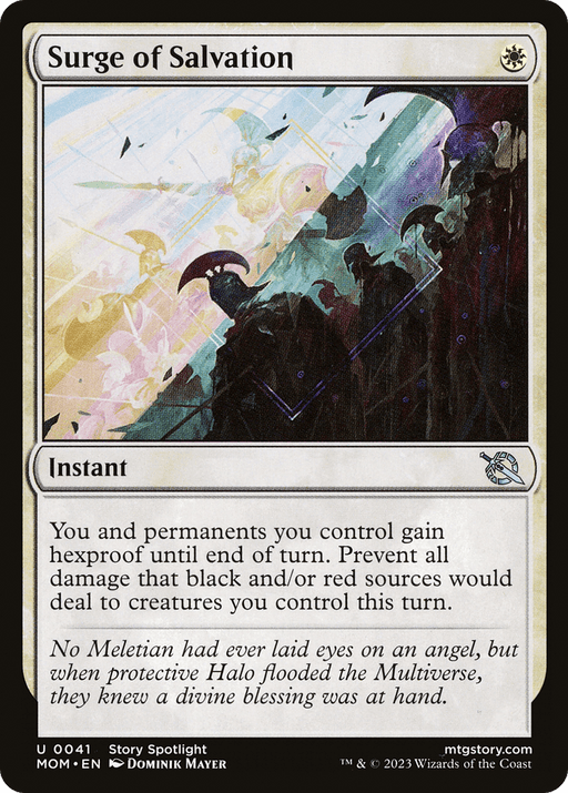 A Surge of Salvation [March of the Machine] Magic: The Gathering card. The card displays a scene of combat with a character wielding a sword and a bright, protective shield in a vibrant, abstract setting. The text describes its instant effect of granting hexproof and divine blessing by preventing damage. Artwork by Dominik Mayer.