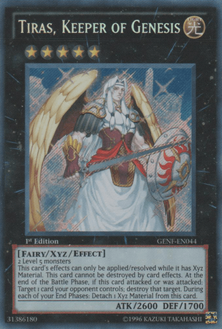 A Yu-Gi-Oh! trading card titled "Tiras, Keeper of Genesis [GENF-EN044] Secret Rare." This Secret Rare Xyz/Effect Monster features an armored, winged angel-like figure wielding a sword. The card has a light attribute, star level of 5, and belongs to the Generation Force set. It boasts an ATK of 2600 and DEF of 1700 with detailed text.