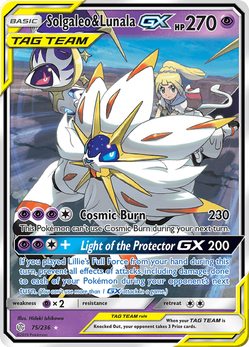 A Pokémon trading card featuring Solgaleo & Lunala GX (75/236) [Sun & Moon: Cosmic Eclipse] with 270 HP from the Sun & Moon: Cosmic Eclipse series. The Ultra Rare card displays Solgaleo in the forefront and Lunala behind, alongside the trainer Lillie. Text details the moves Cosmic Burn (230 damage) and Light of the Protector GX (200 damage).