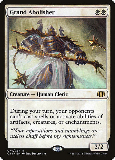 Image of the card "Grand Abolisher" from Magic: The Gathering [Commander 2014], depicting a hooded, armored figure with glowing details and a staff, in a magical aura. This white Human Cleric has abilities impacting opponents' spells.