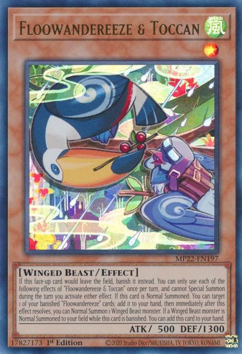 A Yu-Gi-Oh! trading card titled "Floowandereeze & Toccan [MP22-EN197] Ultra Rare" from the Ultra Rare 2022 Tin of the Pharaoh's Gods, featuring a blue and white bird wearing a red scarf and pilot's goggles, flying through colorful wind gusts. The bird carries a letter. The card includes detailed game rules, stats (ATK 500 / DEF 1300).