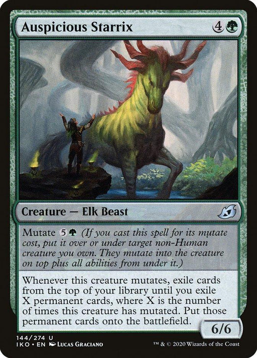A Magic: The Gathering card named Auspicious Starrix [Ikoria: Lair of Behemoths] from Magic: The Gathering features a large, green Creature — Elk Beast with red antlers in a mystical forest setting. A person stands in the background. The text describes the card's powerful mutate ability and its effect upon mutation, boasting a power/toughness of 6/6.