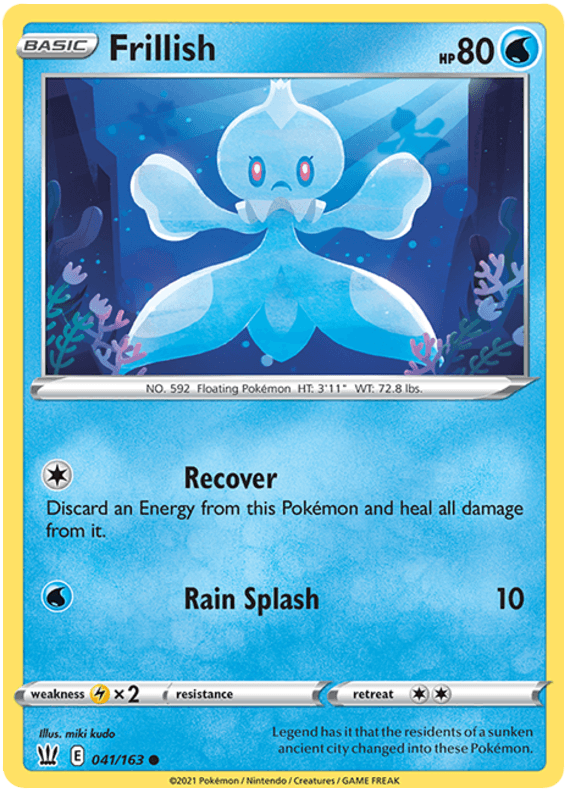 This is a Pokémon trading card for **Frillish (041/163) [Sword & Shield: Battle Styles]** from the Pokémon series. It has 80 HP and is of the Water type. Frillish is a jellyfish-like creature with blue hues and flowing appendages. The card features two abilities: 