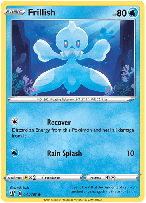 This is a Pokémon trading card for **Frillish (041/163) [Sword & Shield: Battle Styles]** from the Pokémon series. It has 80 HP and is of the Water type. Frillish is a jellyfish-like creature with blue hues and flowing appendages. The card features two abilities: "Recover" and "Rain Splash," which deals 10 damage. The card's number is 041/163.
