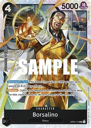 A trading card features a character named Borsalino, depicted as a Navy officer in a yellow suit, glasses, and a white coat, striking a confident pose with light beams around. This Super Rare card showcases stats like 5000 power and game mechanics. The card is labeled "Borsalino [Paramount War]" by Bandai.