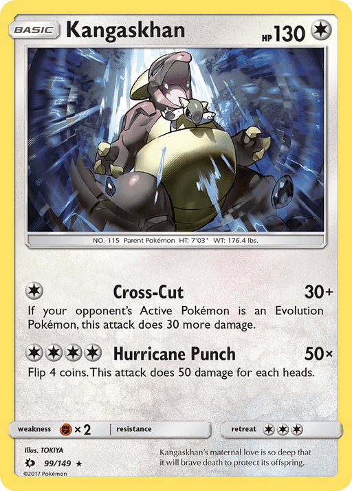 A Kangaskhan (99/149) [Sun & Moon: Base Set] Pokémon card with 130 HP is shown. It has two moves: Cross-Cut that does 30+ damage and Hurricane Punch that does 50x damage. Below the moves is a flavor text about Kangaskhan’s maternal instincts. The card is marked 99/149, illustrated by TOKIYA, and part of the Sun & Moon Base Set from Pokémon.