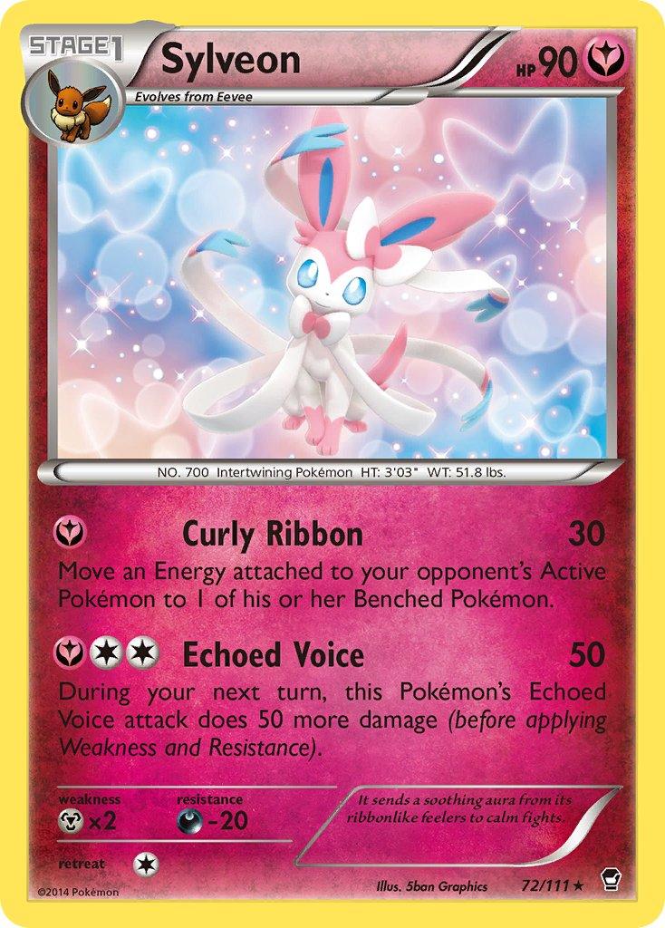 A Pokémon Sylveon card, exclusive to the theme deck from the XY: Furious Fists series, featuring a yellow border. This Holo Rare card displays the fairy-type Sylveon with its pink and white form, blue eyes, and ribbon-like feelers, boasting 90 HP. It showcases moves like Curly Ribbon and Echoed Voice with details by 5ban Graphics.