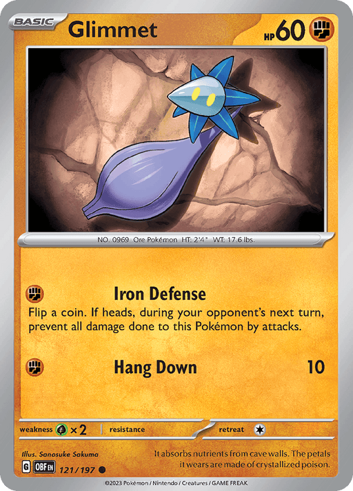 A Glimmet (121/197) [Scarlet & Violet: Obsidian Flames] Pokémon card from the Pokémon series features a star-shaped blue and yellow creature with a luminescent core, HP 60. The card’s moves are "Iron Defense" and "Hang Down (10 damage)." Illustrator: Sanosuke Sakuma. Numbered 121/197. Weakness: x2, Resistance: none, Retreat: 1 energy.
