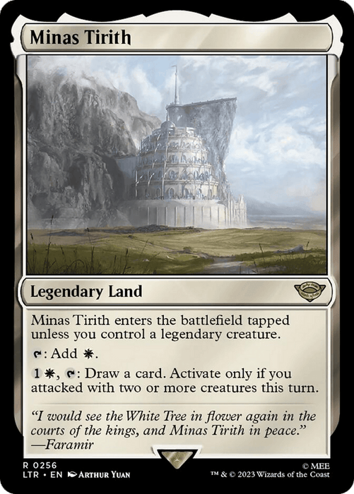 The Magic: The Gathering product "Minas Tirith [The Lord of the Rings: Tales of Middle-Earth]" depicts Minas Tirith from The Lord of the Rings, labeled as a "Legendary Land." The artwork features a white, multi-tiered castle built into a mountainside under a cloudy sky. Text details its abilities and includes a quote from Faramir. The card is bordered in black and white.
