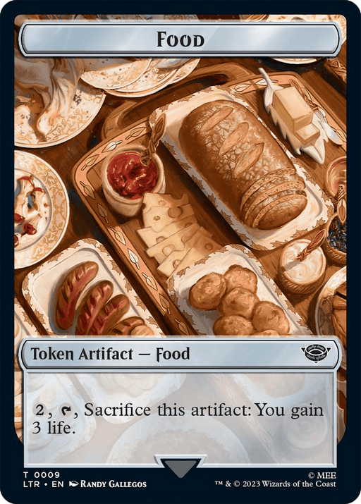 A card titled "Food (09) // Treasure Double-Sided Token [The Lord of the Rings: Tales of Middle-Earth Tokens]" from Magic: The Gathering depicts a bountiful table laden with a loaf of bread, cheese slices, nuts, grapes, and meat on platters. This token artifact has rules text reading, "2, Tap, Sacrifice this artifact: You gain 3 life," evoking the feasts of Middle-Earth.