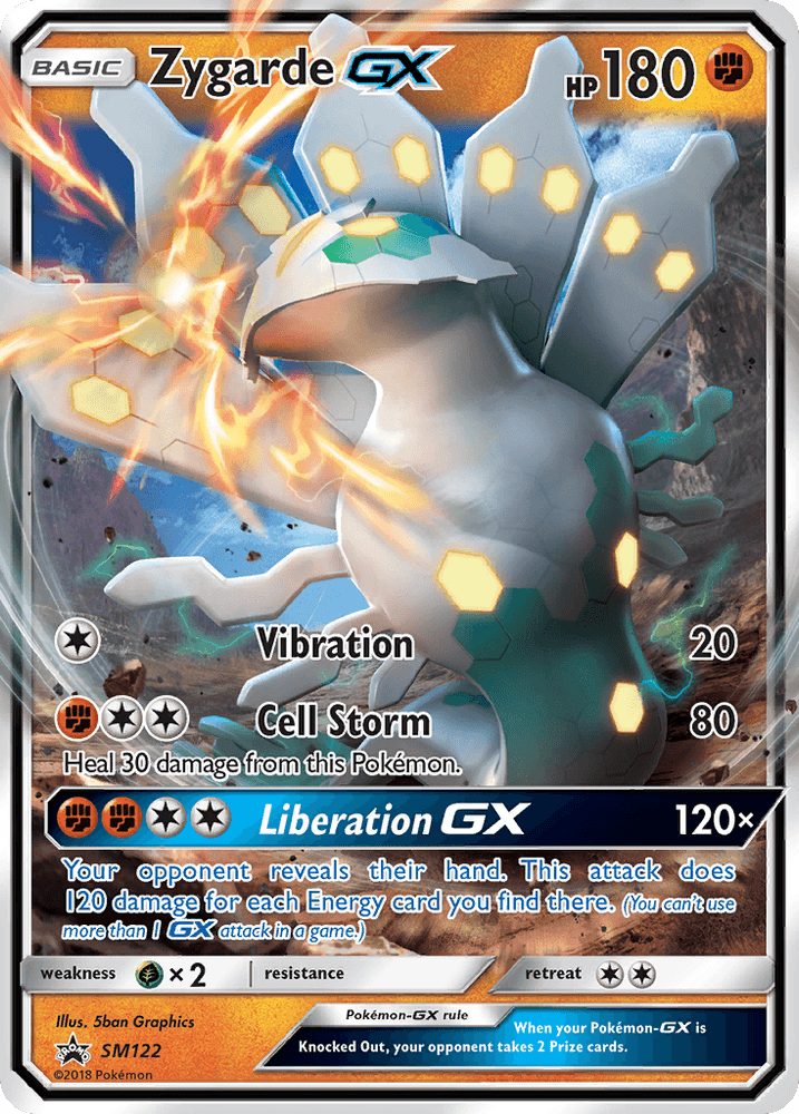 This Pokémon card, Zygarde GX (SM122), from Sun & Moon: Black Star Promos, features 180 HP. It depicts a dragon-like creature with blue and orange hexagons and has fighting attacks: Vibration (20 damage), Cell Storm (80 damage), and Liberation GX (120x damage). It has a shiny holographic design.