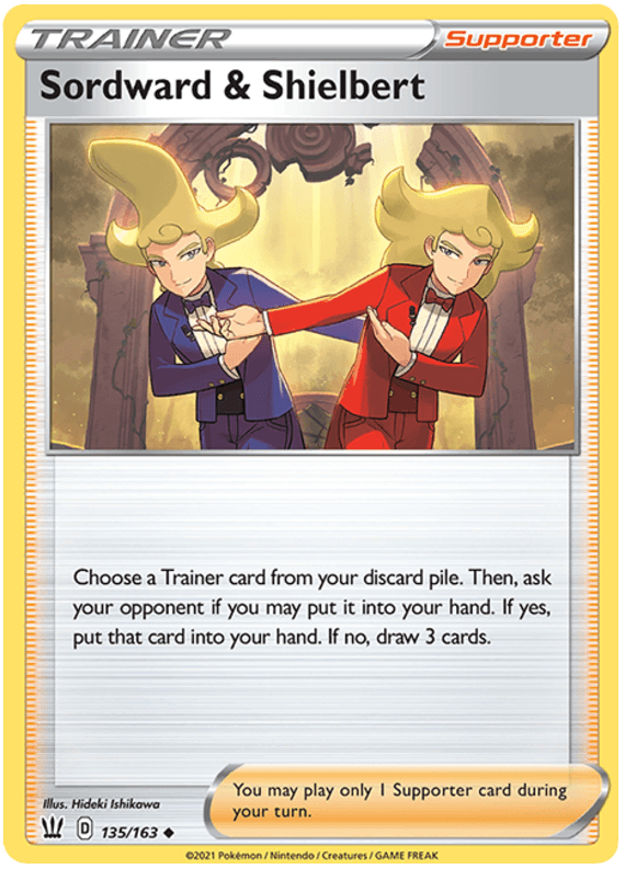 A Sordward & Shielbert (135/163) [Sword & Shield: Battle Styles] card from the Pokémon series featuring Sordward and Shielbert, characters with large, exaggerated hairstyles and matching outfits—one in blue, the other in red. They stand back-to-back with arms interlinked. This uncommon Trainer Supporter type card includes specific game instructions in the text box.