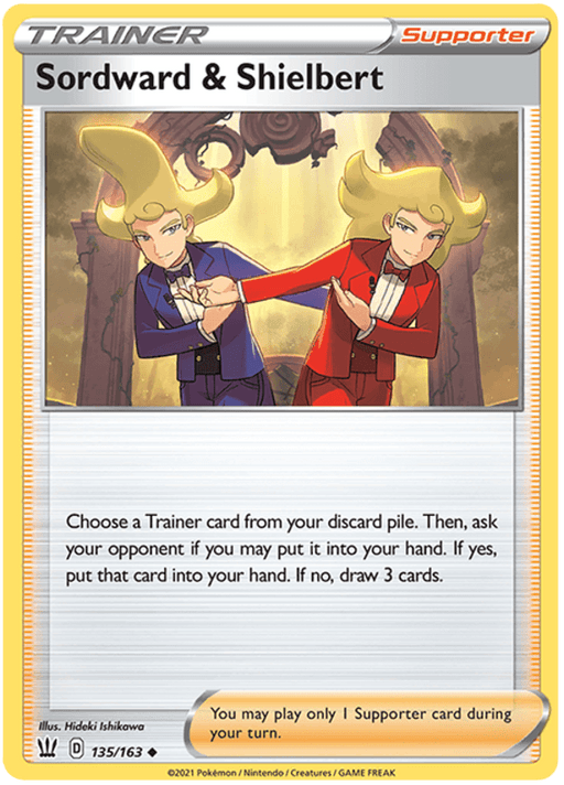 A Sordward & Shielbert (135/163) [Sword & Shield: Battle Styles] card from the Pokémon series featuring Sordward and Shielbert, characters with large, exaggerated hairstyles and matching outfits—one in blue, the other in red. They stand back-to-back with arms interlinked. This uncommon Trainer Supporter type card includes specific game instructions in the text box.