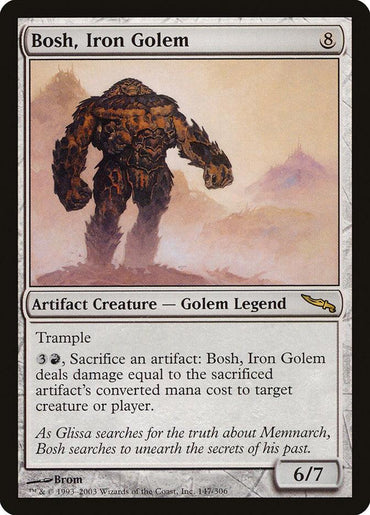 The "Bosh, Iron Golem [Mirrodin]" card from Magic: The Gathering features a legendary artifact creature standing tall in a misty setting. Boasting an impressive trample ability and stats of 6/7, Bosh can sacrifice other artifacts to unleash severe damage for the price of 8 mana.