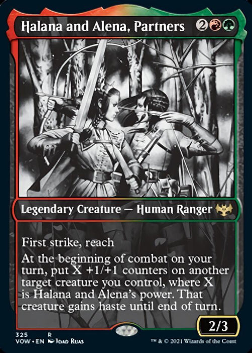 A Magic: The Gathering card from "Innistrad: Crimson Vow" features "Halana and Alena, Partners (Showcase Eternal Night) [Innistrad: Crimson Vow]." The Legendary Creature card shows two human rangers aiming bows and arrows in a forest. With red-green borders, it costs 2 red-green mana and has 2/3 power/toughness, showcasing abilities like first strike and reach.